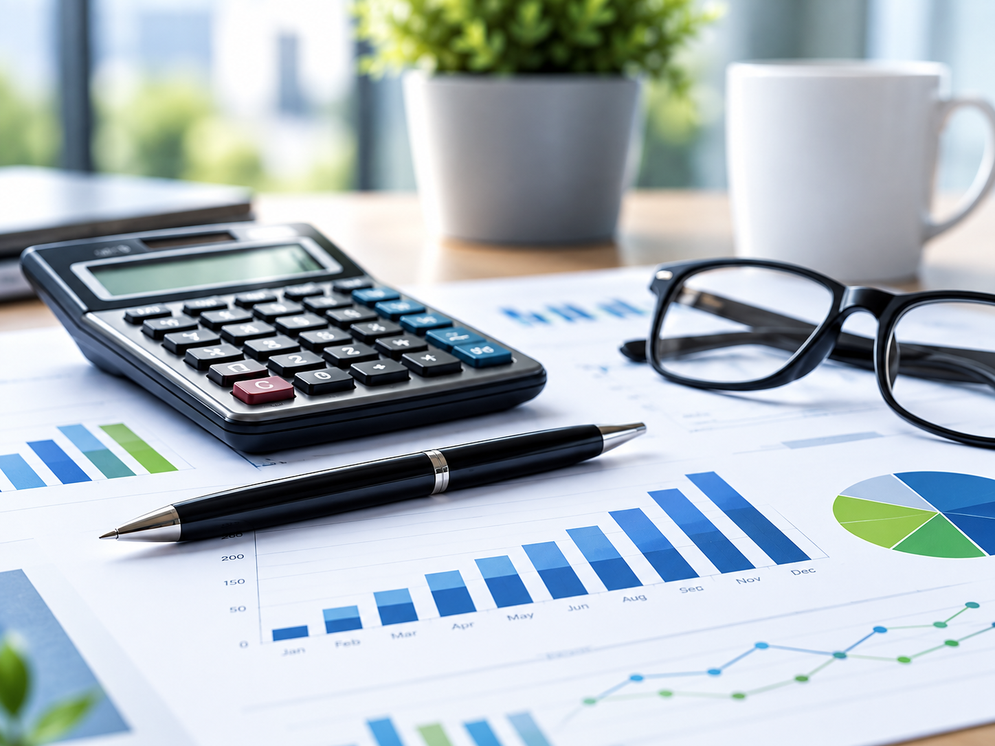Accounting workspace with calculator and financial reports